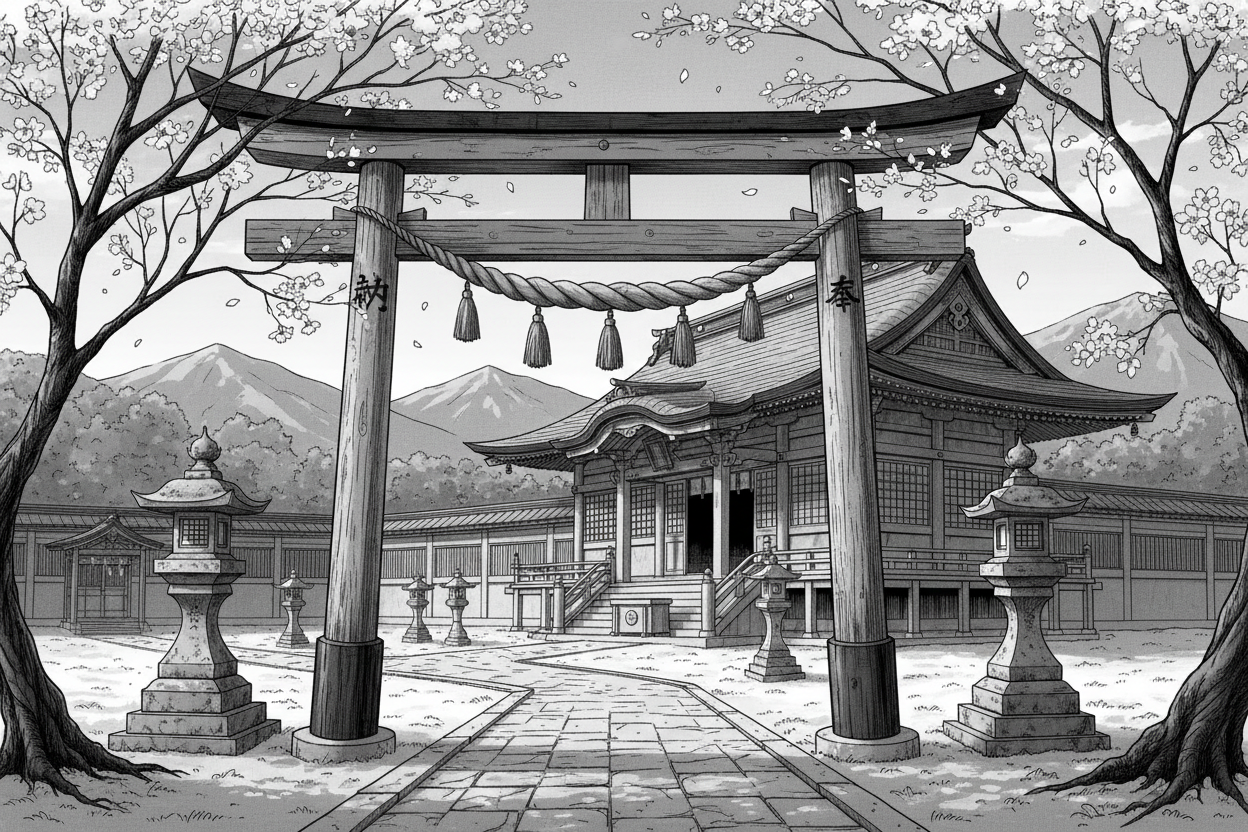 an anime japanese shrine in black and white