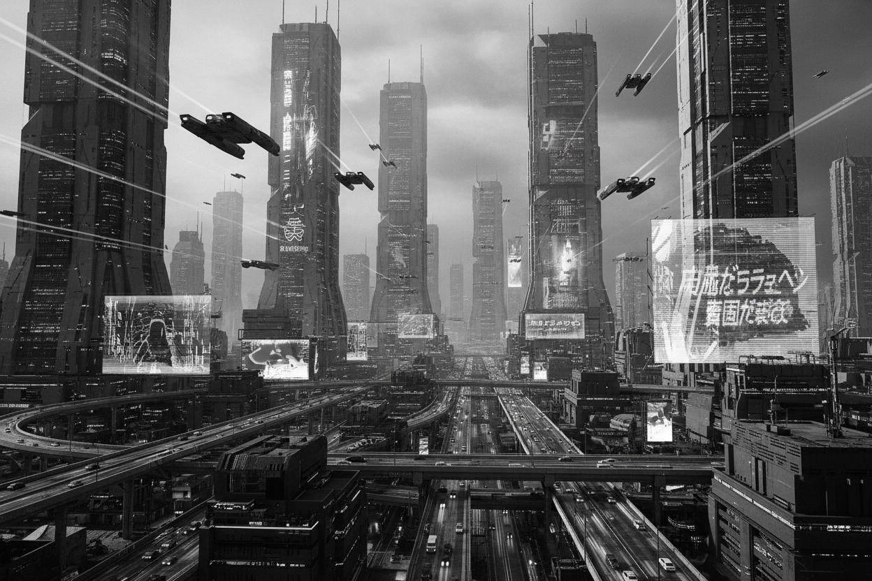 futuristic cyberpunk city in black and white
